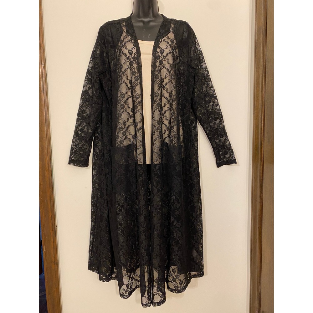 Black Floral Lace Duster Vest XL Longline Open Front Layering Pockets LuLaRoe‎